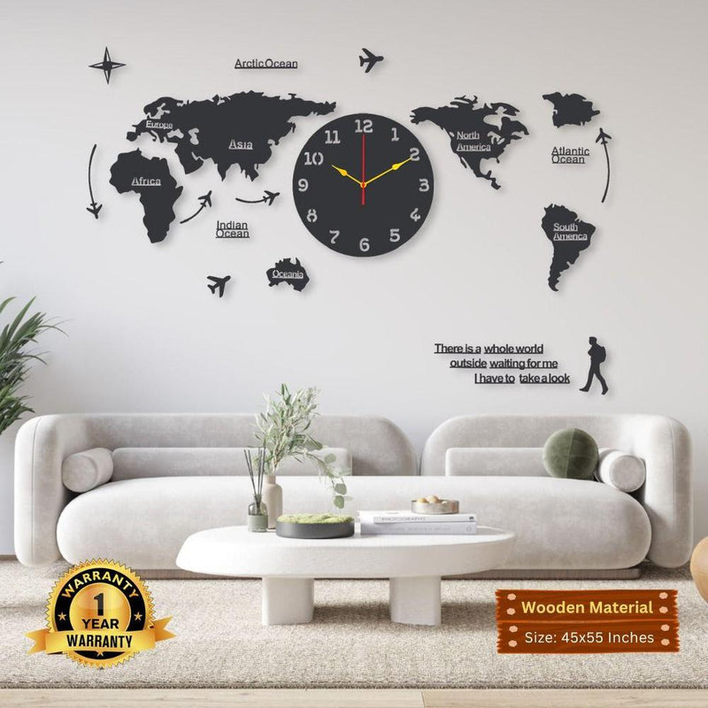 Modern Wooden World Map Wall Clock Large Clock for Home & Office