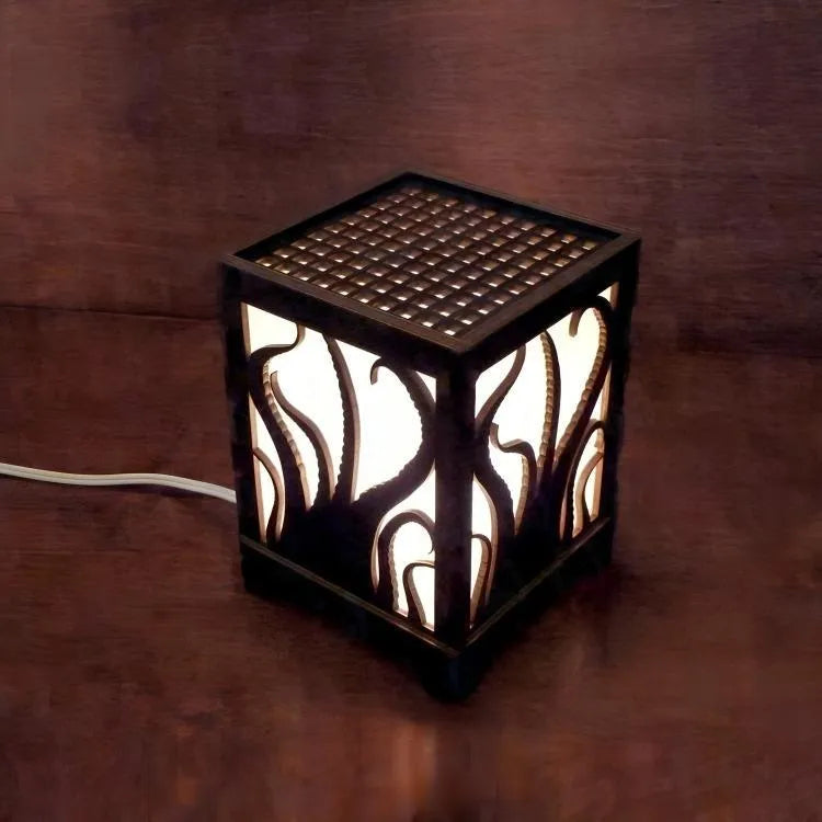 Wooden Octopus Design Table Lamp Brown Side Lamp with Golden Light